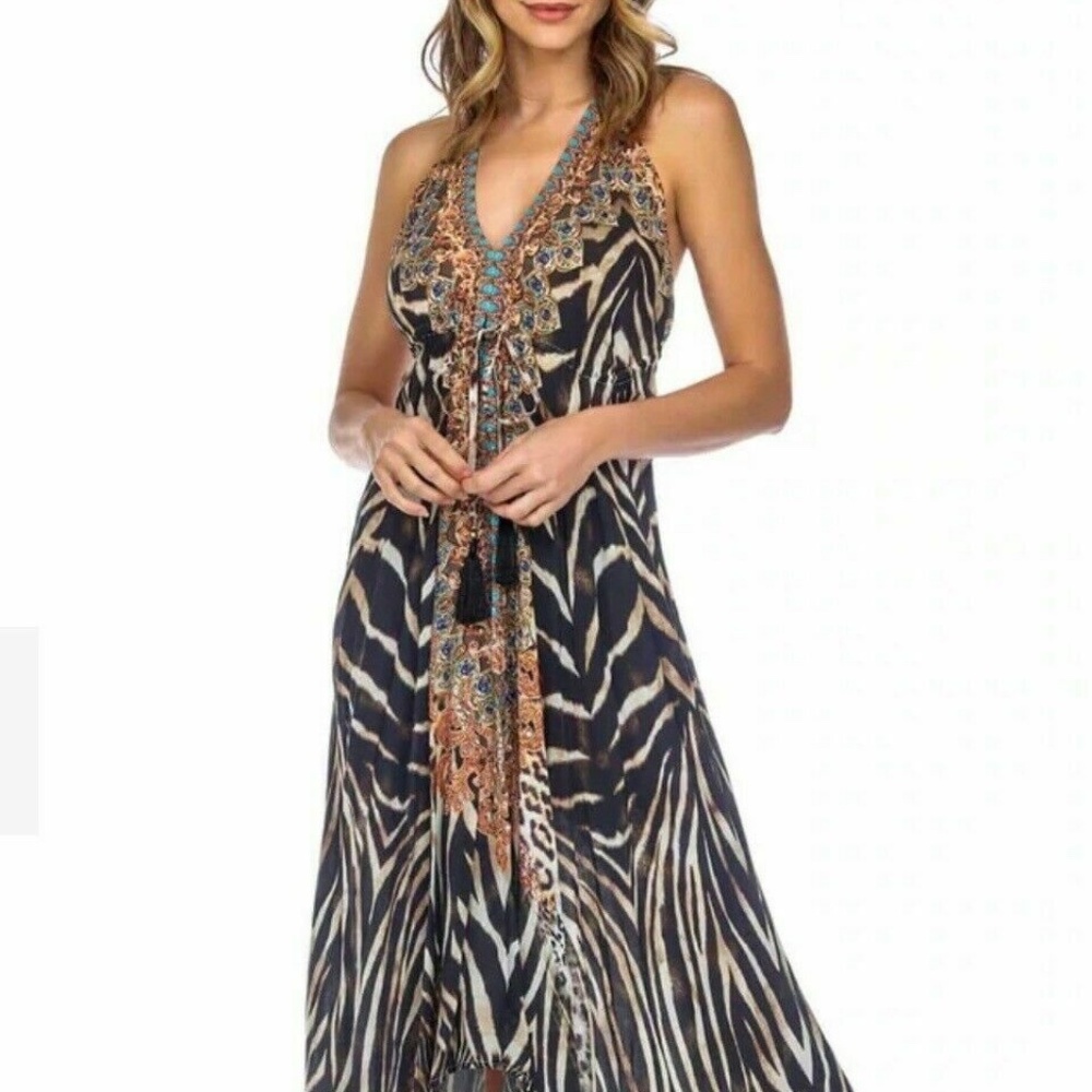 True Colours La Moda Cleopatra High-Low Halter Low Back Maxi Dress ~NWT